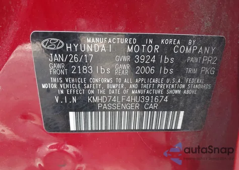2017 Hyundai Elantra Se z USA, uszkodzony, nr VIN KMHD74LF4HU391674